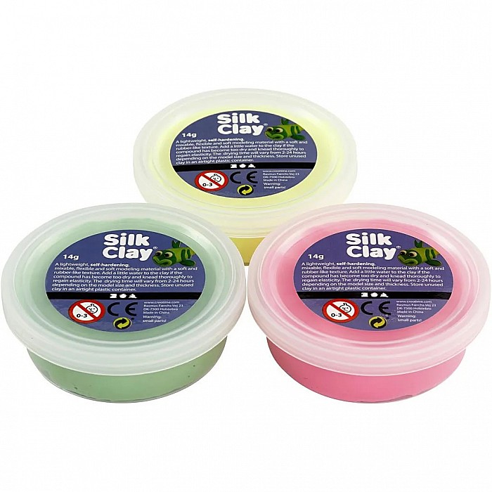 Zīda māls - gaiši zaļš, neona rozā un dzeltens (3x14g) Zīda māls - gaiši zaļš, neona rozā un dzeltens (3x14g)