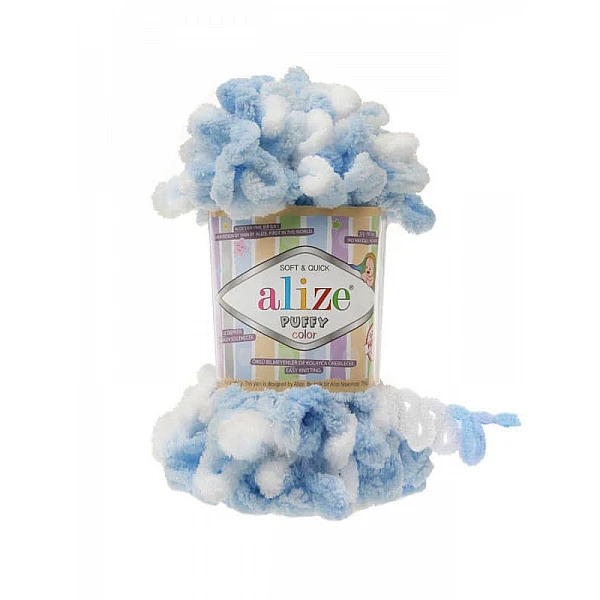 Alize Puffy yarn - light blue with white (100 g, 9 m)