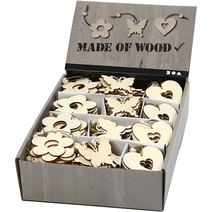 Wooden craft decorations set - flower, butterfly, heart 200 pcs.