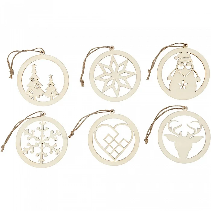 Круглые деревянные новогодние украшения (6 шт.)