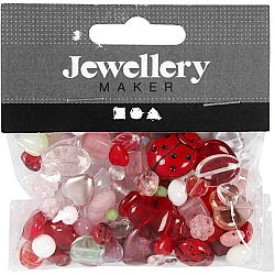 Стеклянные бусины — божьи коровки, листики, сердечки (60 г)