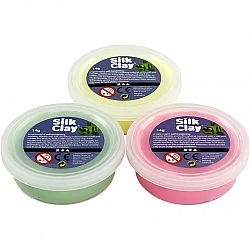 Zīda māls - gaiši zaļš, neona rozā un dzeltens (3x14g)