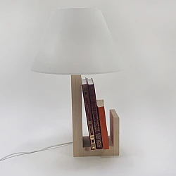 Table lamp with wooden base and shelf
