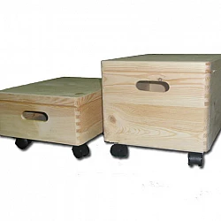 Wooden storage box with lid, handles and castors