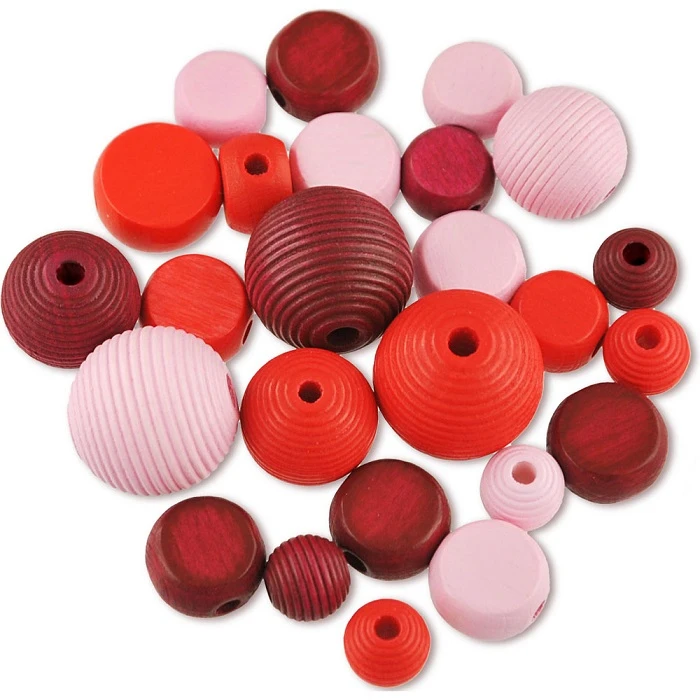 Wooden bead mix, red and pink, 25 pcs